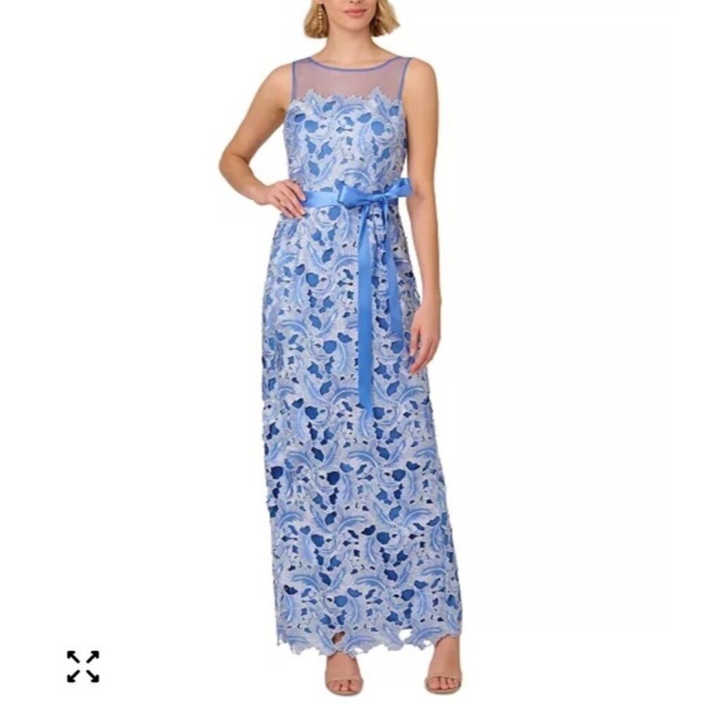 New Adrianna Papell Womens Illusion Neck Tonal Lace Gown Dress, Blue Sz 8 NWT